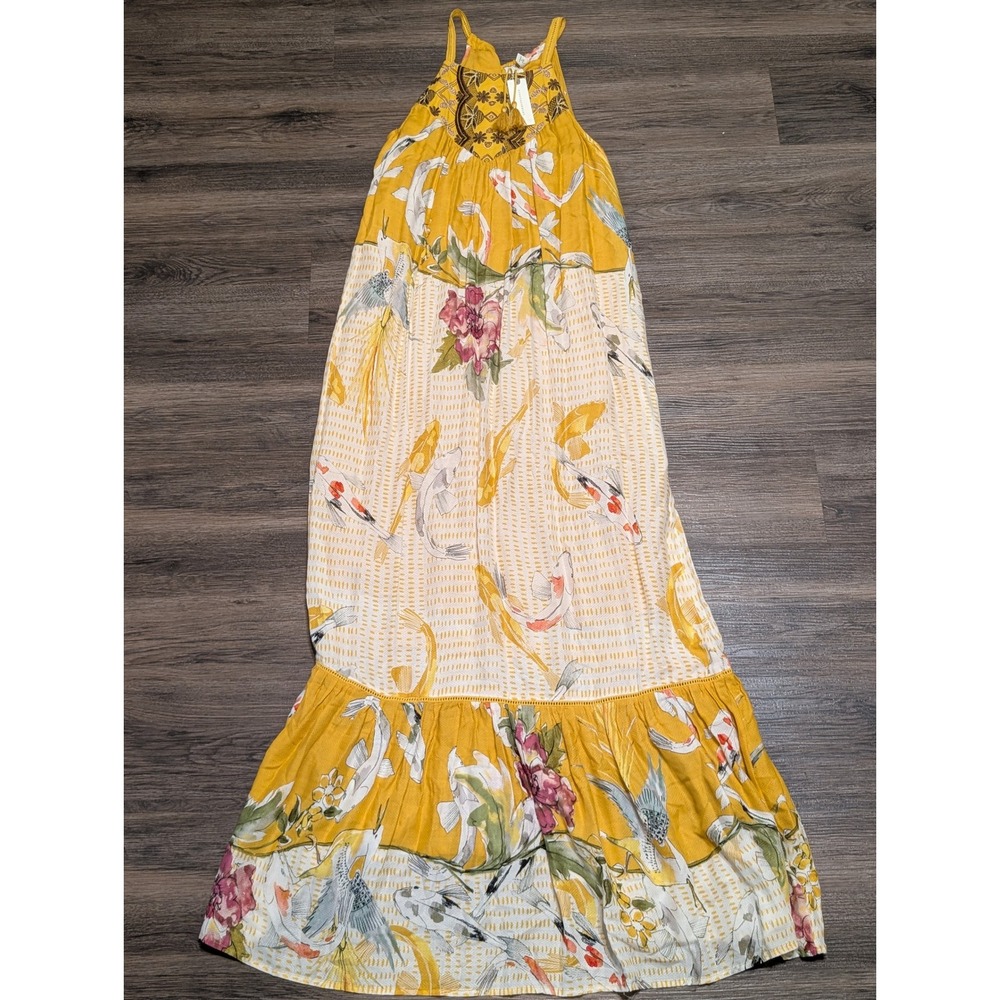 One September Anthropologie Koi Fish Floral Halter Maxi Dress XS Gold Yellow NWT